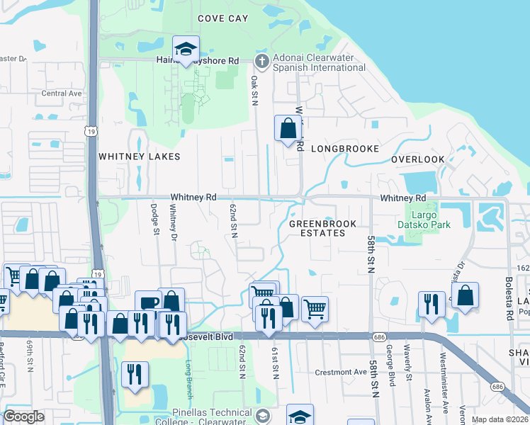 map of restaurants, bars, coffee shops, grocery stores, and more near 2034 Branch Creek Avenue in Clearwater