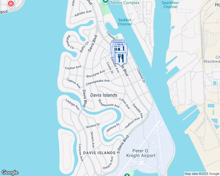 map of restaurants, bars, coffee shops, grocery stores, and more near 108 Huron Avenue in Tampa