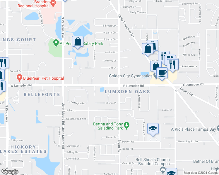 map of restaurants, bars, coffee shops, grocery stores, and more near 505 East Lumsden Road in Brandon