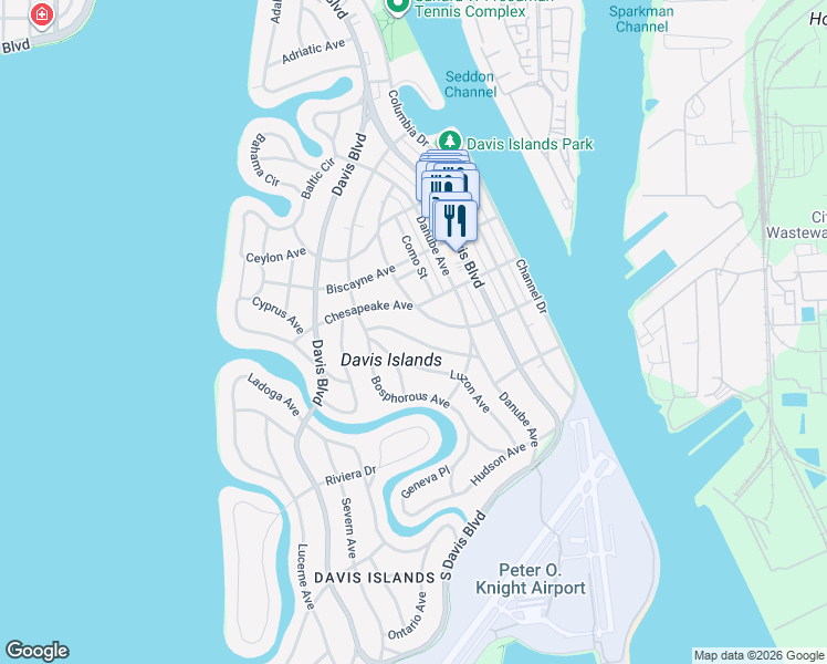 map of restaurants, bars, coffee shops, grocery stores, and more near 108 Huron Avenue in Tampa