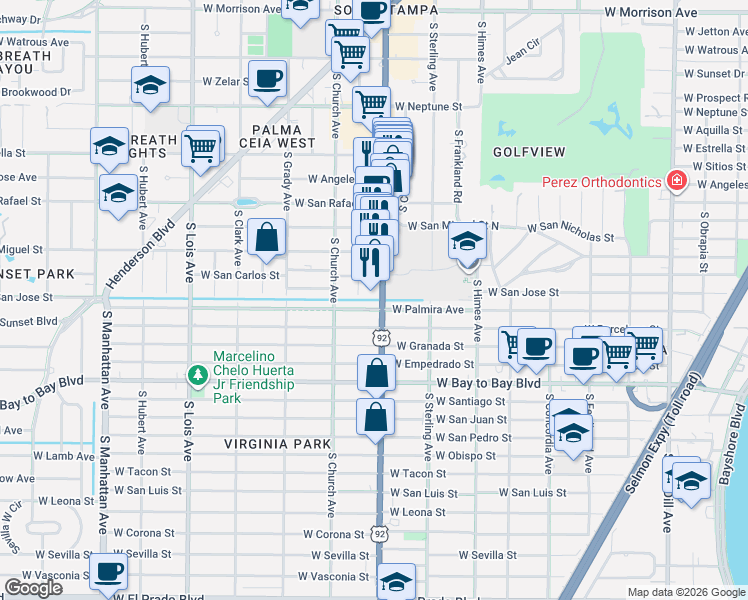 map of restaurants, bars, coffee shops, grocery stores, and more near 3802 West Palmira Avenue in Tampa