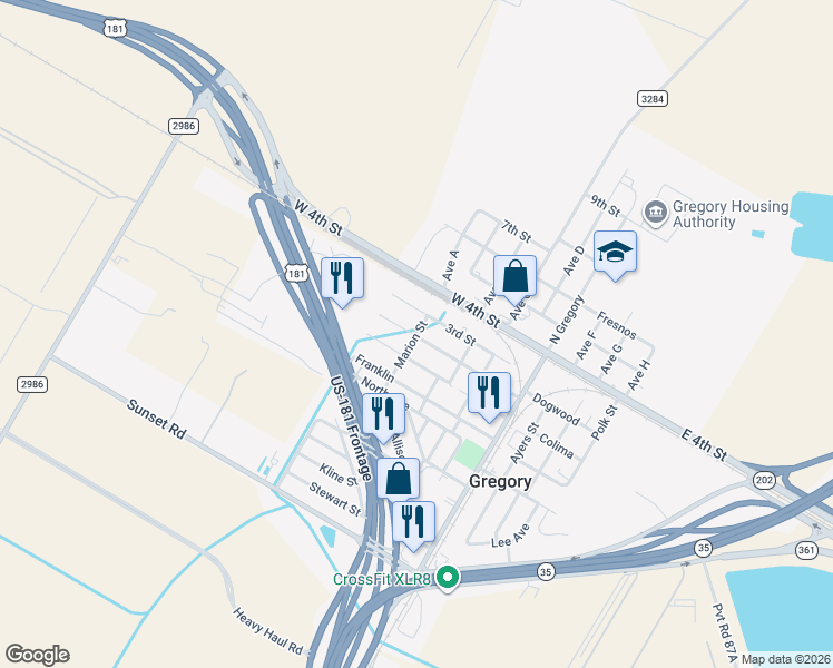 map of restaurants, bars, coffee shops, grocery stores, and more near 310 Marion Street in Gregory