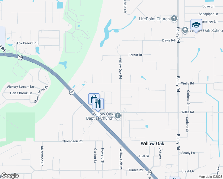 map of restaurants, bars, coffee shops, grocery stores, and more near 3724 Willow Oak Road in Mulberry