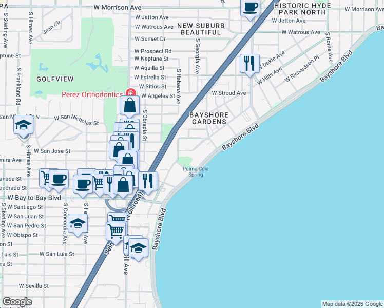 map of restaurants, bars, coffee shops, grocery stores, and more near 2611 Bayshore Boulevard in Tampa