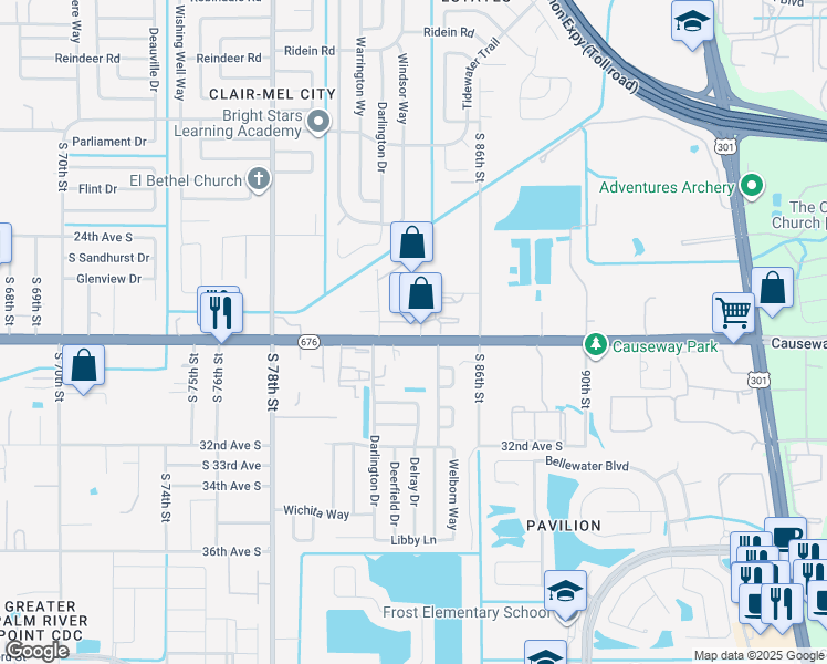 map of restaurants, bars, coffee shops, grocery stores, and more near 8265 Causeway Boulevard in Tampa