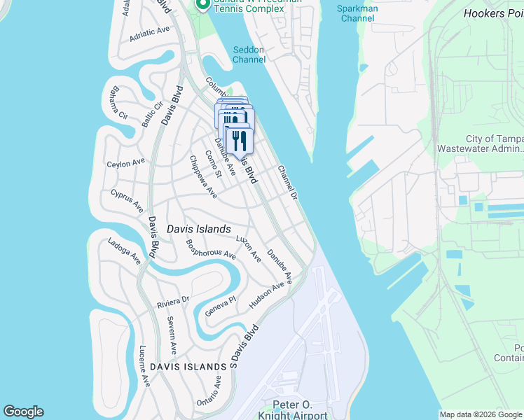 map of restaurants, bars, coffee shops, grocery stores, and more near 509 Danube Avenue in Tampa