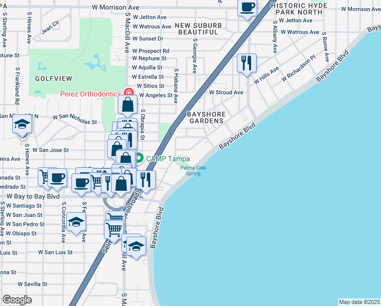 map of restaurants, bars, coffee shops, grocery stores, and more near 2619 Bayshore Boulevard in Tampa