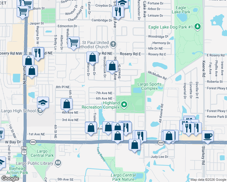 map of restaurants, bars, coffee shops, grocery stores, and more near 639 Brook Street Northeast in Largo