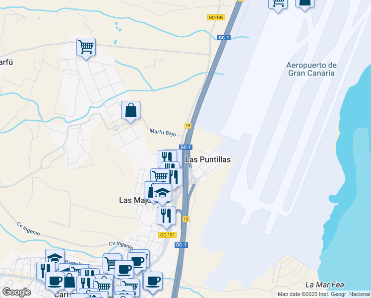 map of restaurants, bars, coffee shops, grocery stores, and more near GC-1 in Las Palmas
