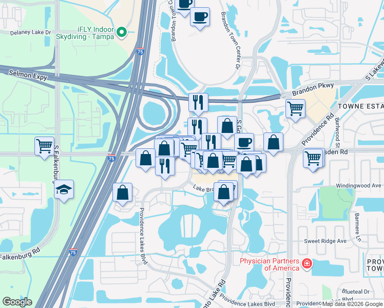 map of restaurants, bars, coffee shops, grocery stores, and more near Causeway Blvd & Providence Lakes Blvd in Brandon