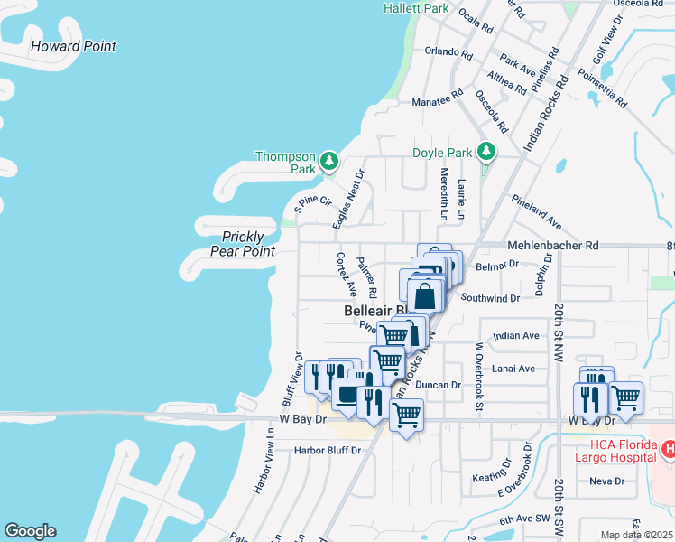 map of restaurants, bars, coffee shops, grocery stores, and more near 3024 Renatta Drive in Belleair Bluffs