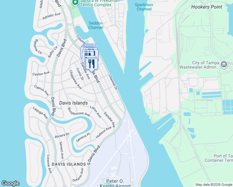 map of restaurants, bars, coffee shops, grocery stores, and more near 524 Channel Drive in Tampa