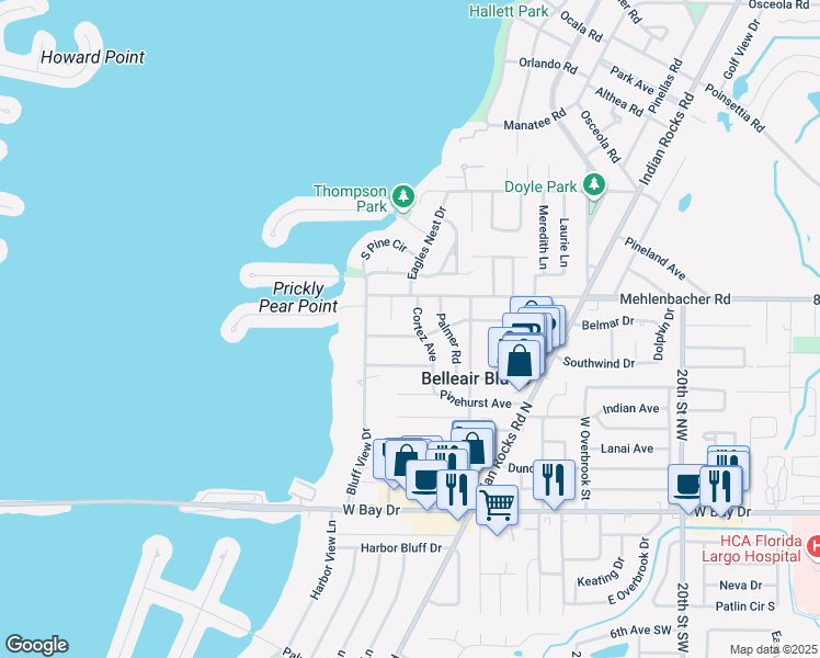 map of restaurants, bars, coffee shops, grocery stores, and more near 3024 Renatta Drive in Belleair Bluffs