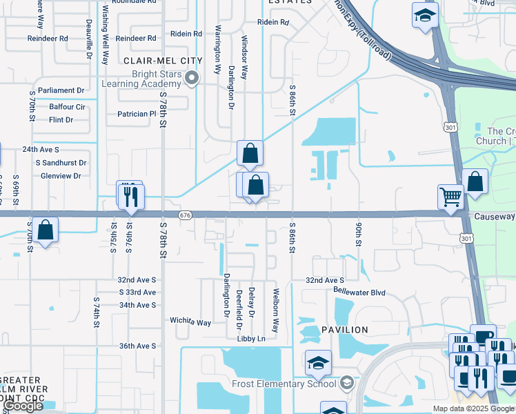 map of restaurants, bars, coffee shops, grocery stores, and more near 8265 Causeway Boulevard in Tampa