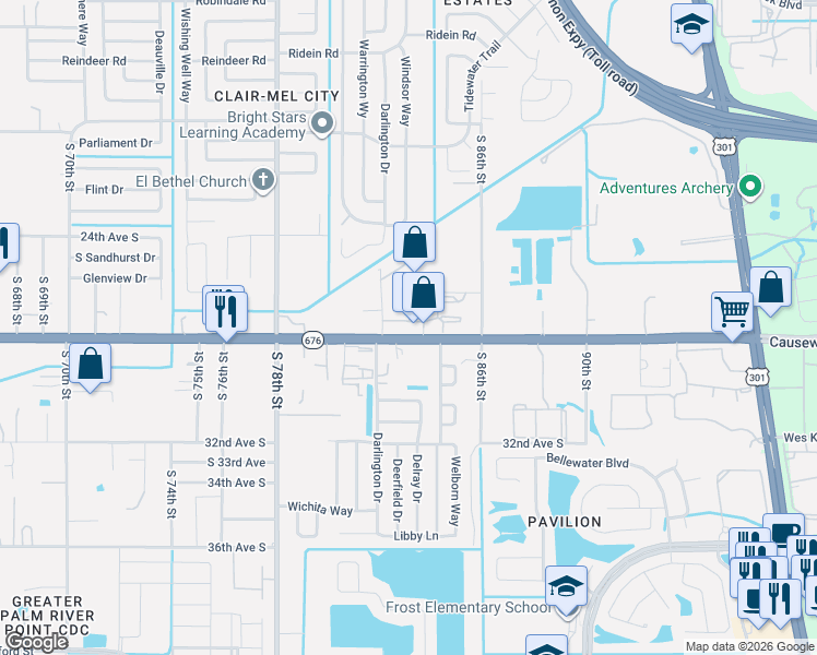 map of restaurants, bars, coffee shops, grocery stores, and more near 8220 Causeway Boulevard in Tampa
