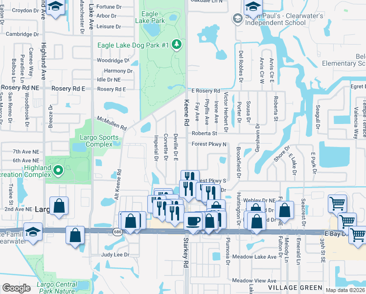 map of restaurants, bars, coffee shops, grocery stores, and more near 636 Keene Road in Largo