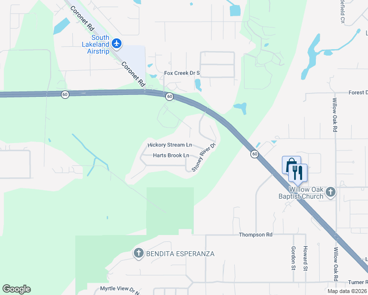 map of restaurants, bars, coffee shops, grocery stores, and more near 4646 Hickory Stream Lane in Mulberry