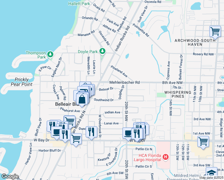 map of restaurants, bars, coffee shops, grocery stores, and more near 2192 Belmar Drive in Belleair Bluffs