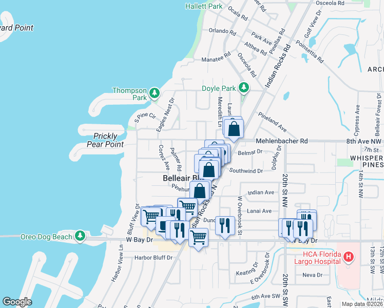 map of restaurants, bars, coffee shops, grocery stores, and more near 628 Lois Lane in Belleair Bluffs