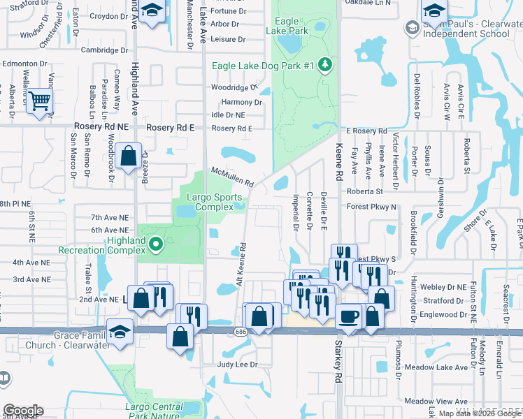 map of restaurants, bars, coffee shops, grocery stores, and more near 4509 Imperial Palm Drive in Largo