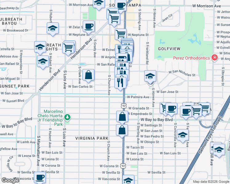 map of restaurants, bars, coffee shops, grocery stores, and more near 3821 West Palmira Avenue in Tampa