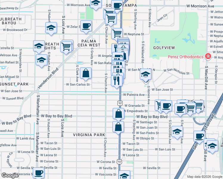 map of restaurants, bars, coffee shops, grocery stores, and more near 3821 West Palmira Avenue in Tampa