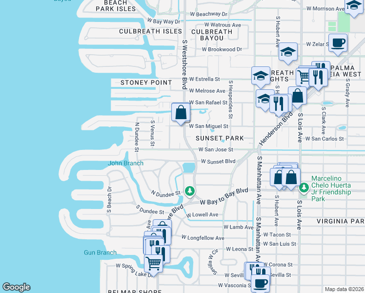 map of restaurants, bars, coffee shops, grocery stores, and more near 2306 South San Jose Circle in Tampa