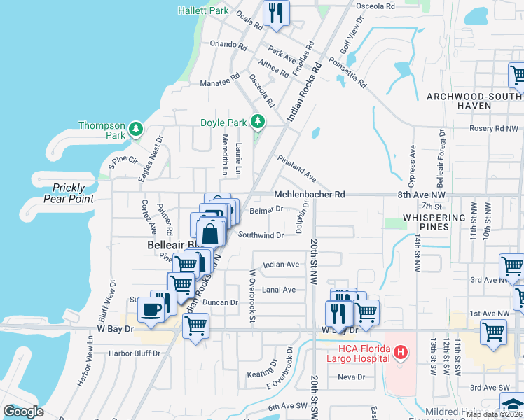 map of restaurants, bars, coffee shops, grocery stores, and more near 551 Mehlenbacher Road in Belleair Bluffs