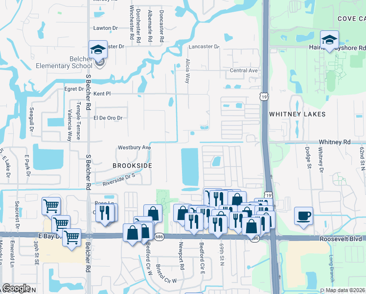 map of restaurants, bars, coffee shops, grocery stores, and more near 2411 Margolin Lane in Clearwater