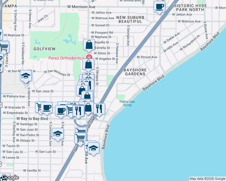 map of restaurants, bars, coffee shops, grocery stores, and more near 2501 Crowder Lane in Tampa