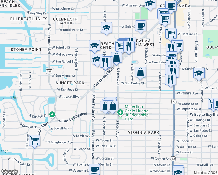 map of restaurants, bars, coffee shops, grocery stores, and more near 2308 South Thixton Court in Tampa