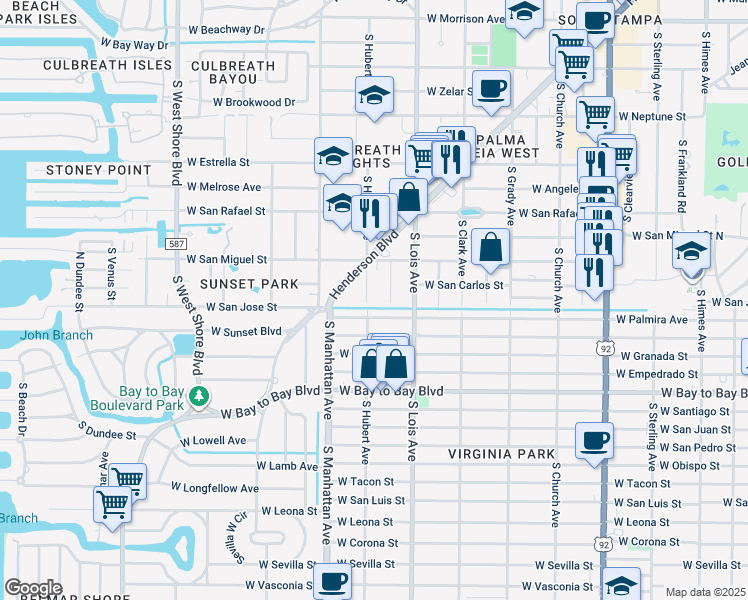 map of restaurants, bars, coffee shops, grocery stores, and more near 4302 Henderson Boulevard in Tampa