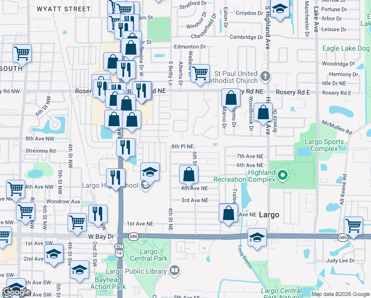 map of restaurants, bars, coffee shops, grocery stores, and more near 519 8th Avenue Northeast in Largo