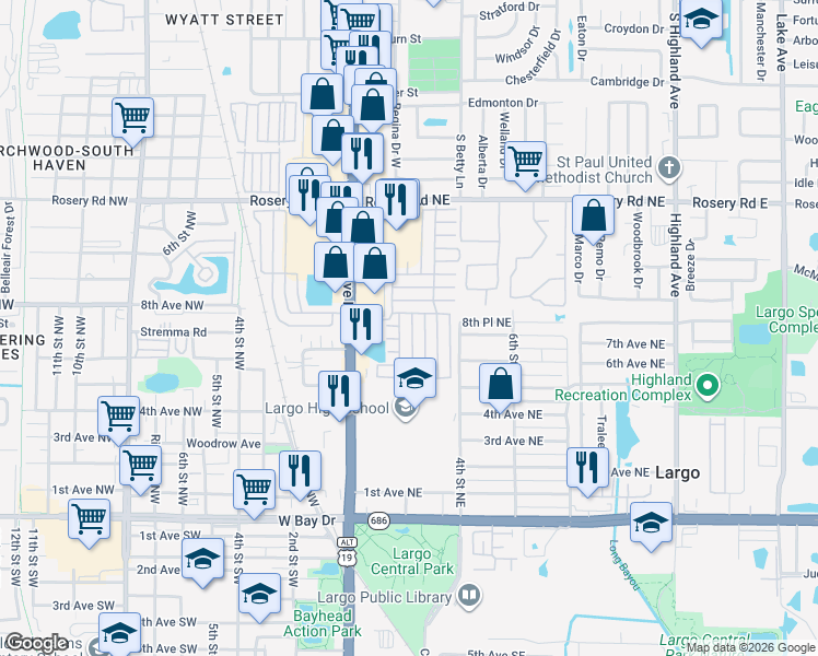 map of restaurants, bars, coffee shops, grocery stores, and more near 646 Poinsettia Drive in Largo