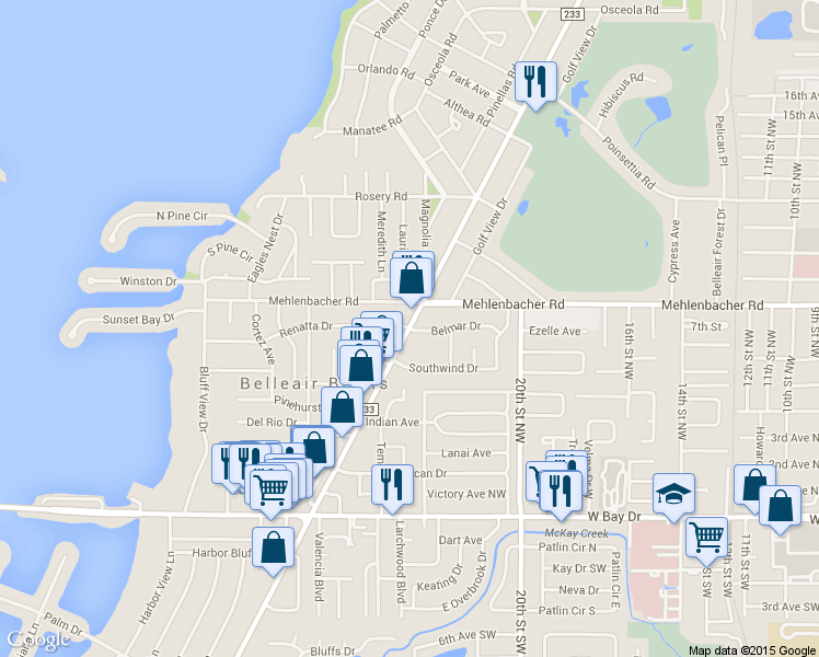 map of restaurants, bars, coffee shops, grocery stores, and more near 2501 Renatta Drive in Belleair Bluffs