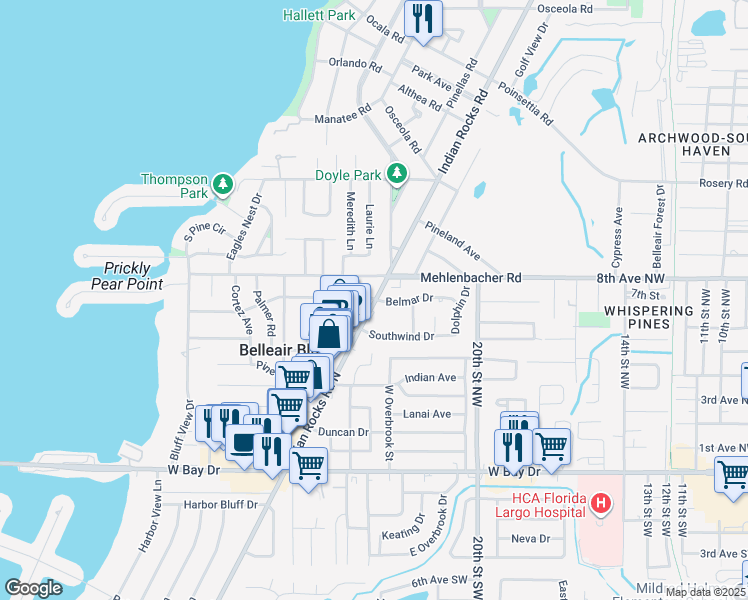 map of restaurants, bars, coffee shops, grocery stores, and more near 772 Indian Rocks Road North in Belleair Bluffs