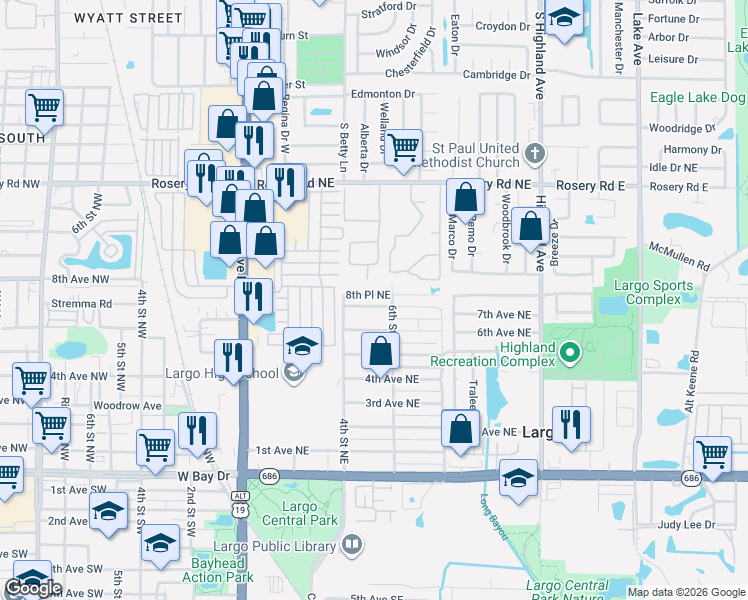 map of restaurants, bars, coffee shops, grocery stores, and more near 519 8th Avenue Northeast in Largo