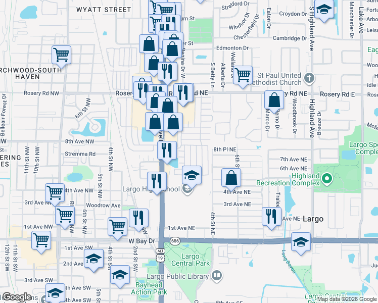 map of restaurants, bars, coffee shops, grocery stores, and more near 646 Poinsettia Drive in Largo