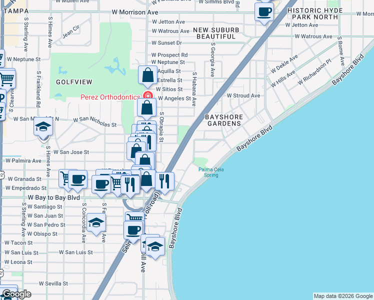 map of restaurants, bars, coffee shops, grocery stores, and more near 2523 Crowder Lane in Tampa