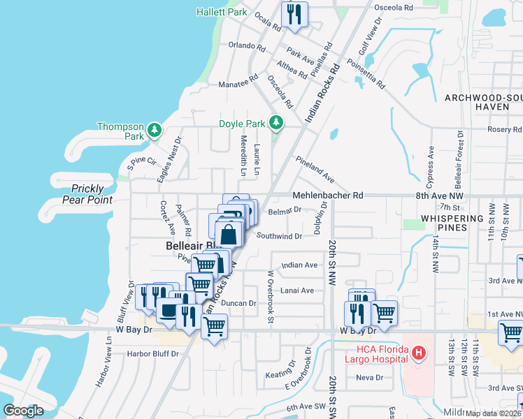map of restaurants, bars, coffee shops, grocery stores, and more near N Indian Rocks Rd & Belmar Dr in Belleair Bluffs