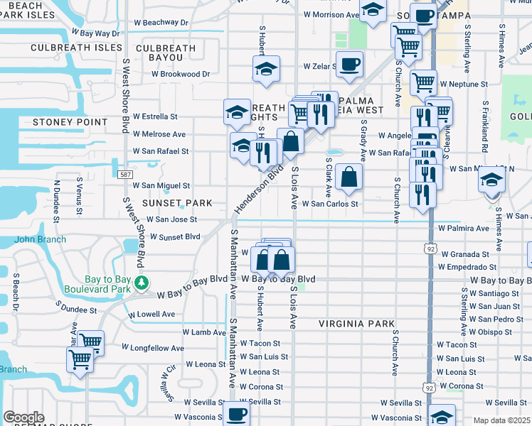 map of restaurants, bars, coffee shops, grocery stores, and more near 4302 Henderson Boulevard in Tampa