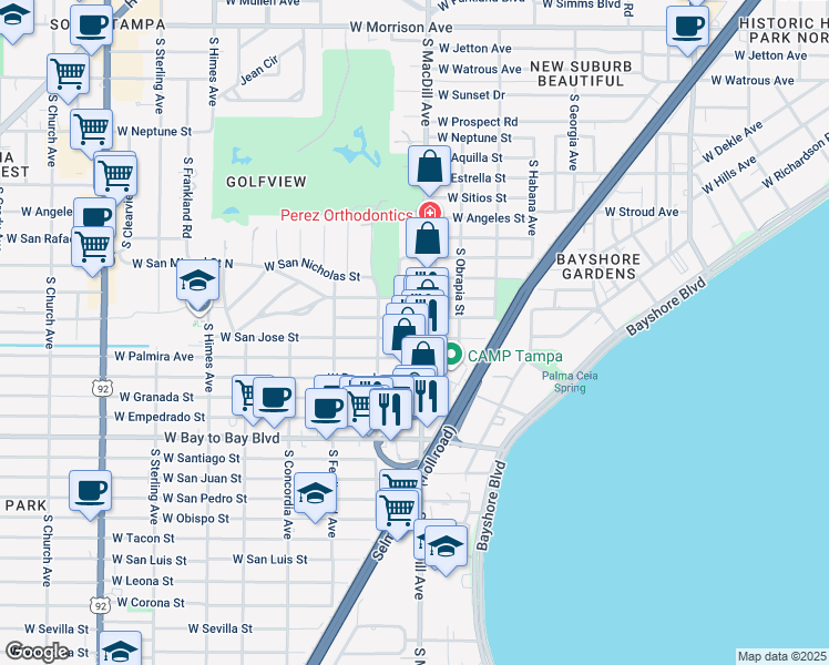map of restaurants, bars, coffee shops, grocery stores, and more near 2309 South MacDill Avenue in Tampa