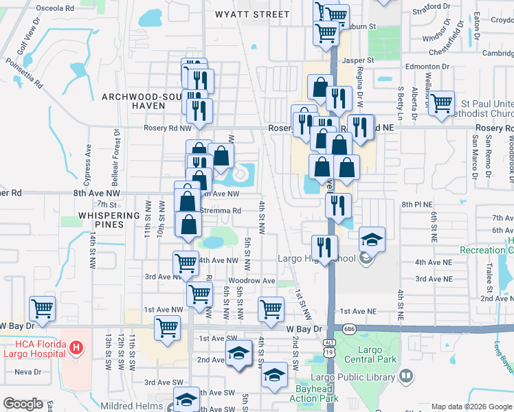 map of restaurants, bars, coffee shops, grocery stores, and more near 402 Stremma Road in Largo