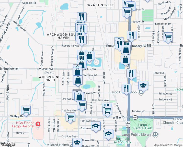 map of restaurants, bars, coffee shops, grocery stores, and more near 40 8th Avenue Northwest in Largo