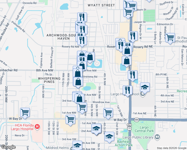 map of restaurants, bars, coffee shops, grocery stores, and more near 40 8th Avenue Northwest in Largo