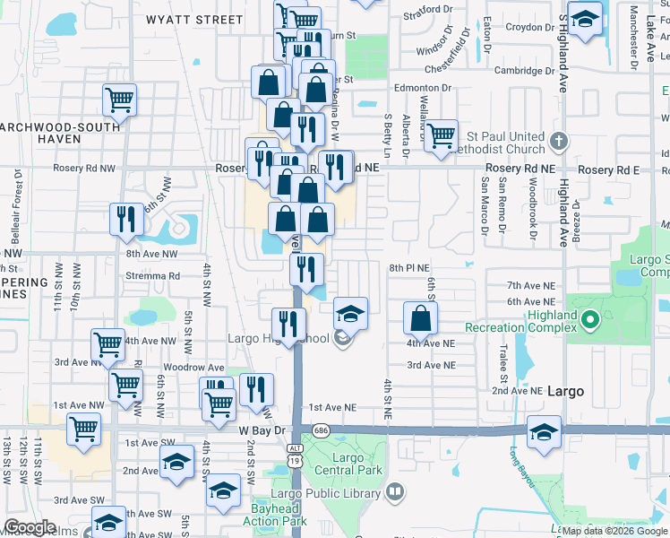 map of restaurants, bars, coffee shops, grocery stores, and more near 900 Missouri Avenue North in Largo