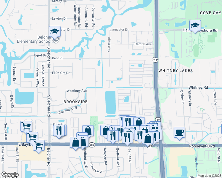 map of restaurants, bars, coffee shops, grocery stores, and more near 2402 Pine Hammock in Clearwater
