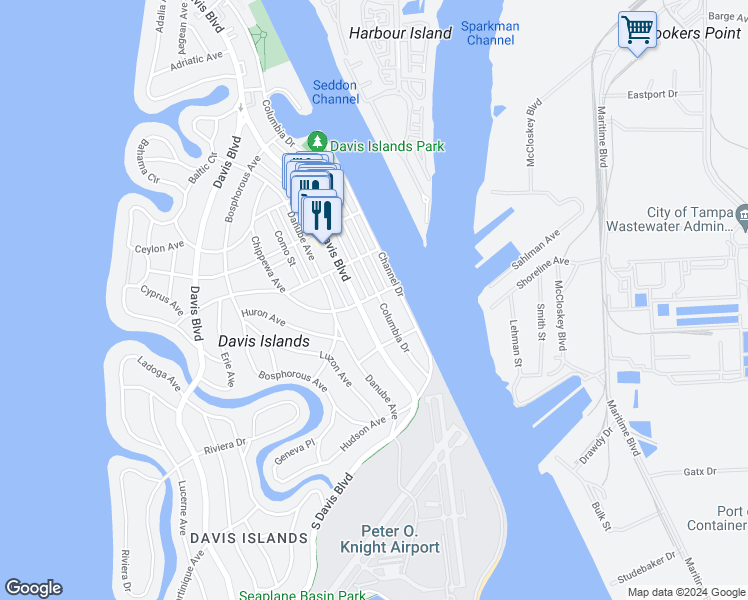 map of restaurants, bars, coffee shops, grocery stores, and more near 502 Columbia Drive in Tampa