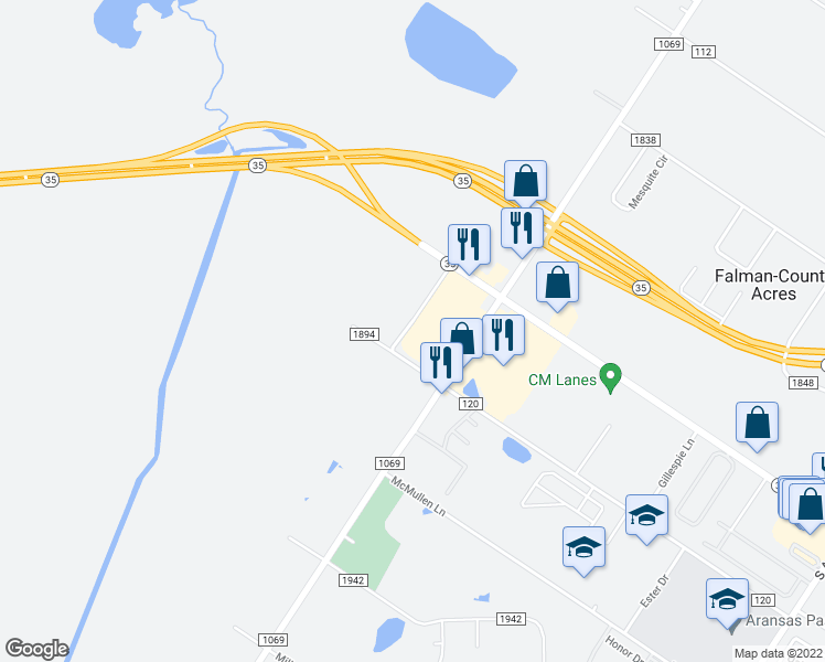 map of restaurants, bars, coffee shops, grocery stores, and more near 2710 Demory Lane in Aransas Pass