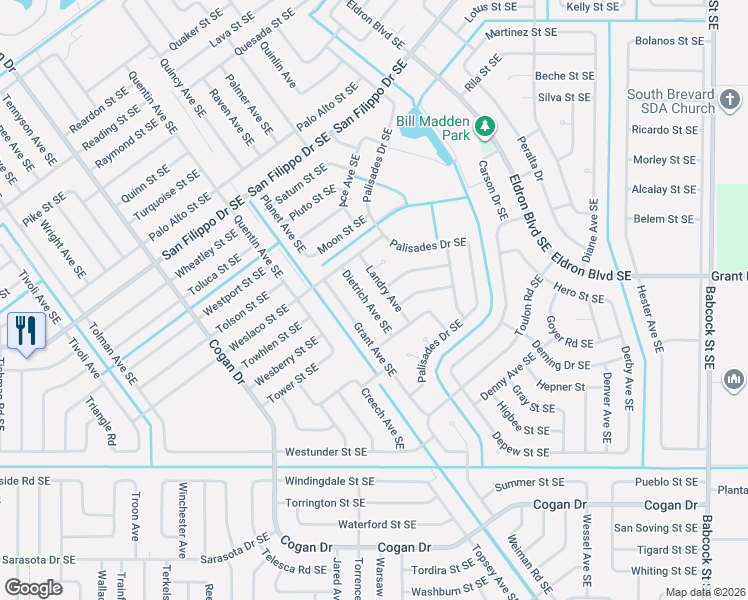 map of restaurants, bars, coffee shops, grocery stores, and more near 2830 Landry Avenue in Palm Bay